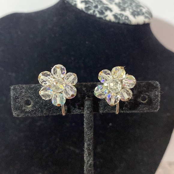 Jewelry - Vintage Laguna Aurora Borealis AB Flower Shape Clip On Earrings
